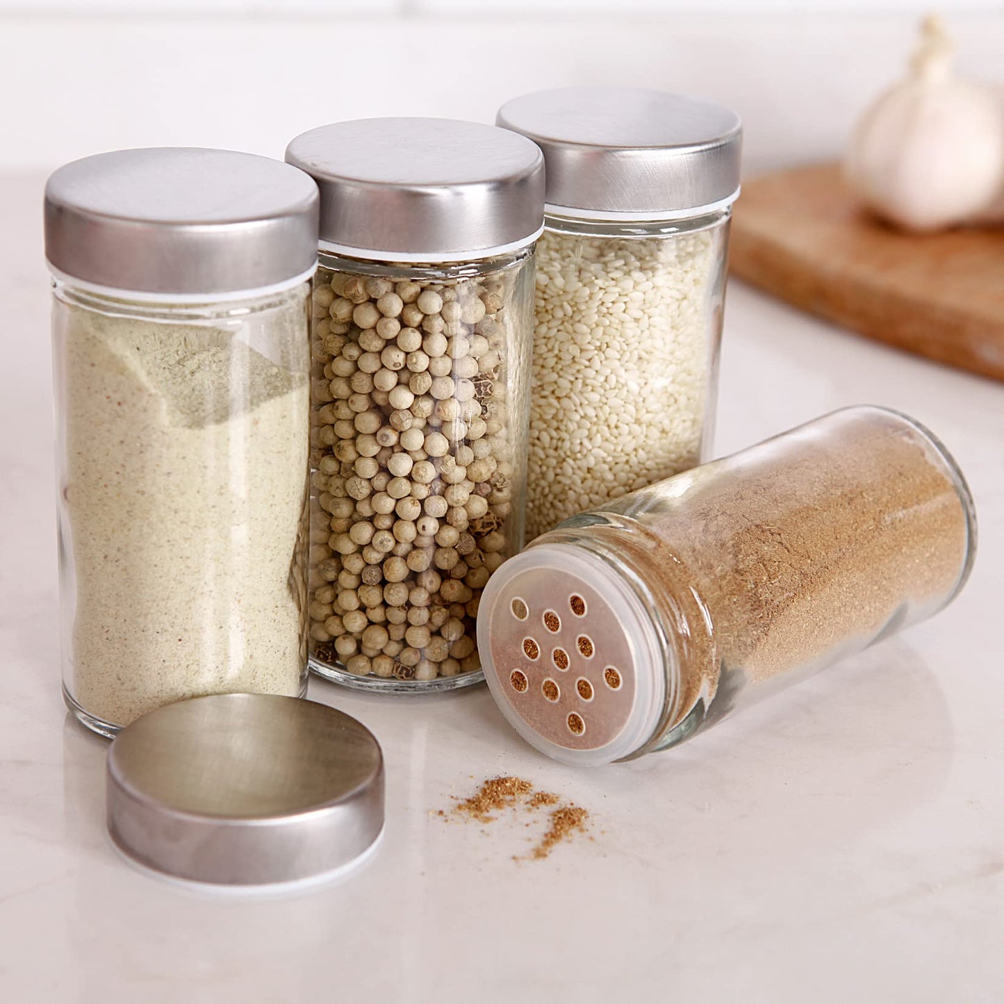 Tianifa 6 Pcs Glass Spice Jars/Bottles for Rotating Spice Rack-3oz Empty round Spice Containers with Airtight Metal Caps with Shaker Lids (6, Stainless Steel Lids)