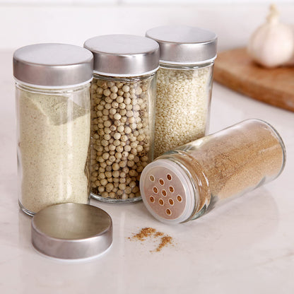 Tianifa 6 Pcs Glass Spice Jars/Bottles for Rotating Spice Rack-3oz Empty round Spice Containers with Airtight Metal Caps with Shaker Lids (6, Stainless Steel Lids)