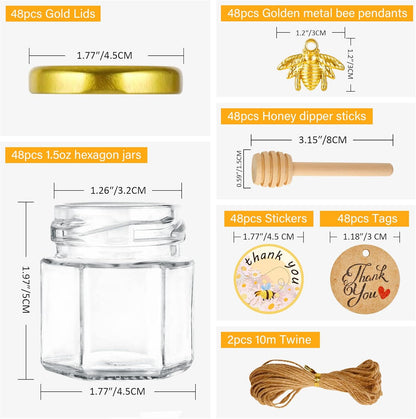 Lids-1.5oz,48 pack GIVAMEIHF Mini Glass Honey jars with Honey Jars,Small Honey Jar with Dipper,Thank You Tags,Jutes