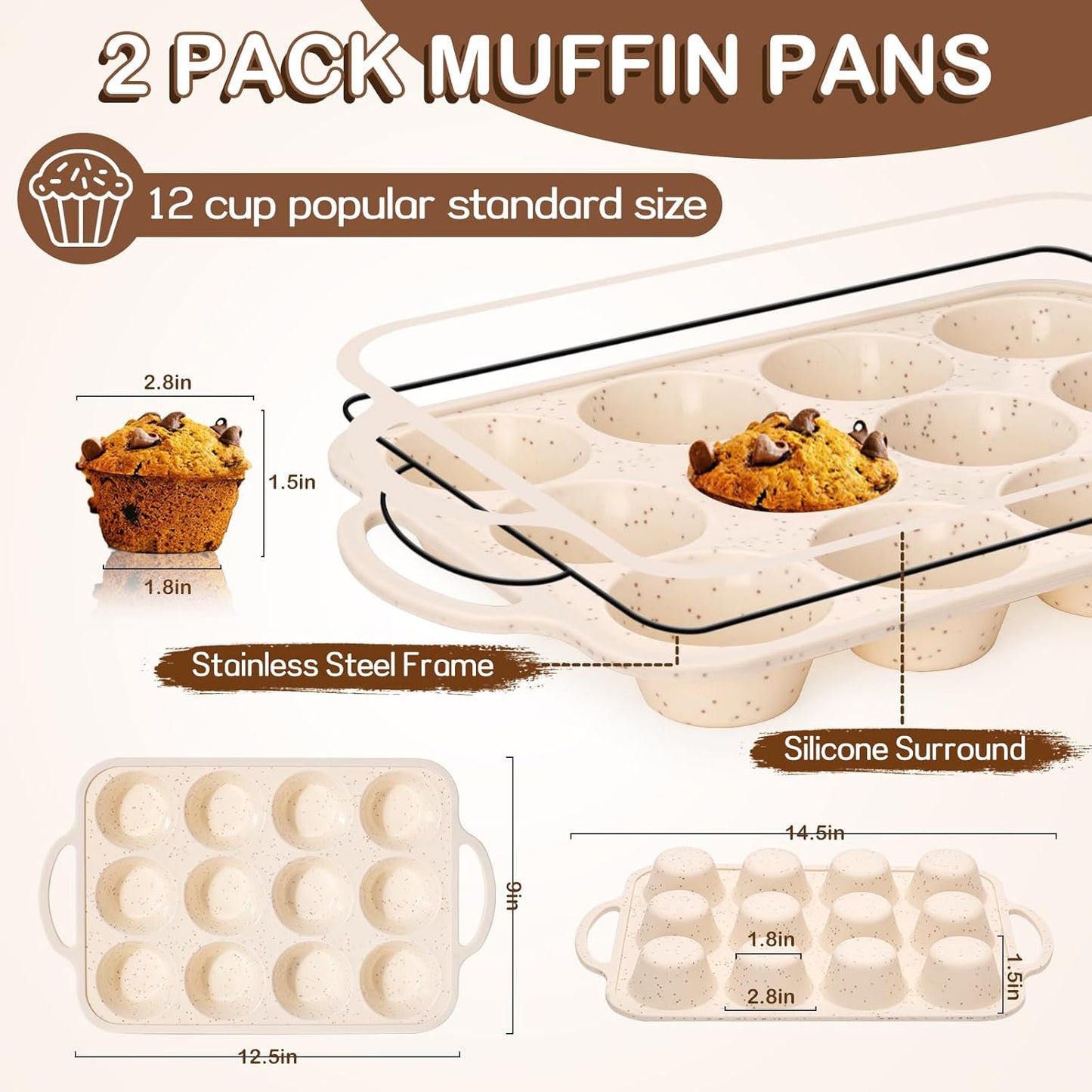 Silicone Muffin Pan, 12 Cups Baking Mold with Reinforced Stainless Steel Frame, Non-stick Bakeware