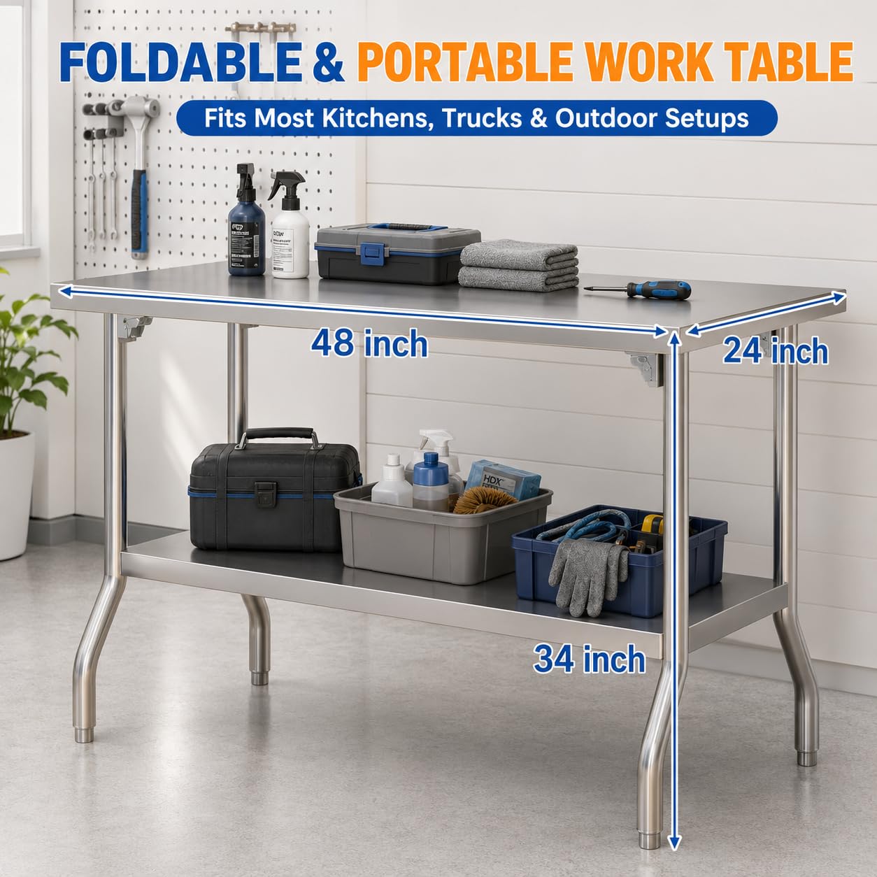 Chingoo Stainless Steel Folding Table 48 x 24 Inch Commercial Workbench with Removable Undershelf, Collapsible Portable Utility Table for Kitchen, Outdoor BBQ, Restaurant, Garage