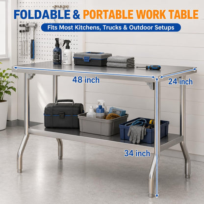 Chingoo Stainless Steel Folding Table 48 x 24 Inch Commercial Workbench with Removable Undershelf, Collapsible Portable Utility Table for Kitchen, Outdoor BBQ, Restaurant, Garage