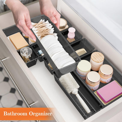 SpaceHacks 25 PCS Plastic Drawer Organizer Set, 4-Size Versatile Organizer Tool Trays & storage Bins for Makeup, Jewelry, and Gadgets in Bathroom, Bedroom and Office,Clear Black