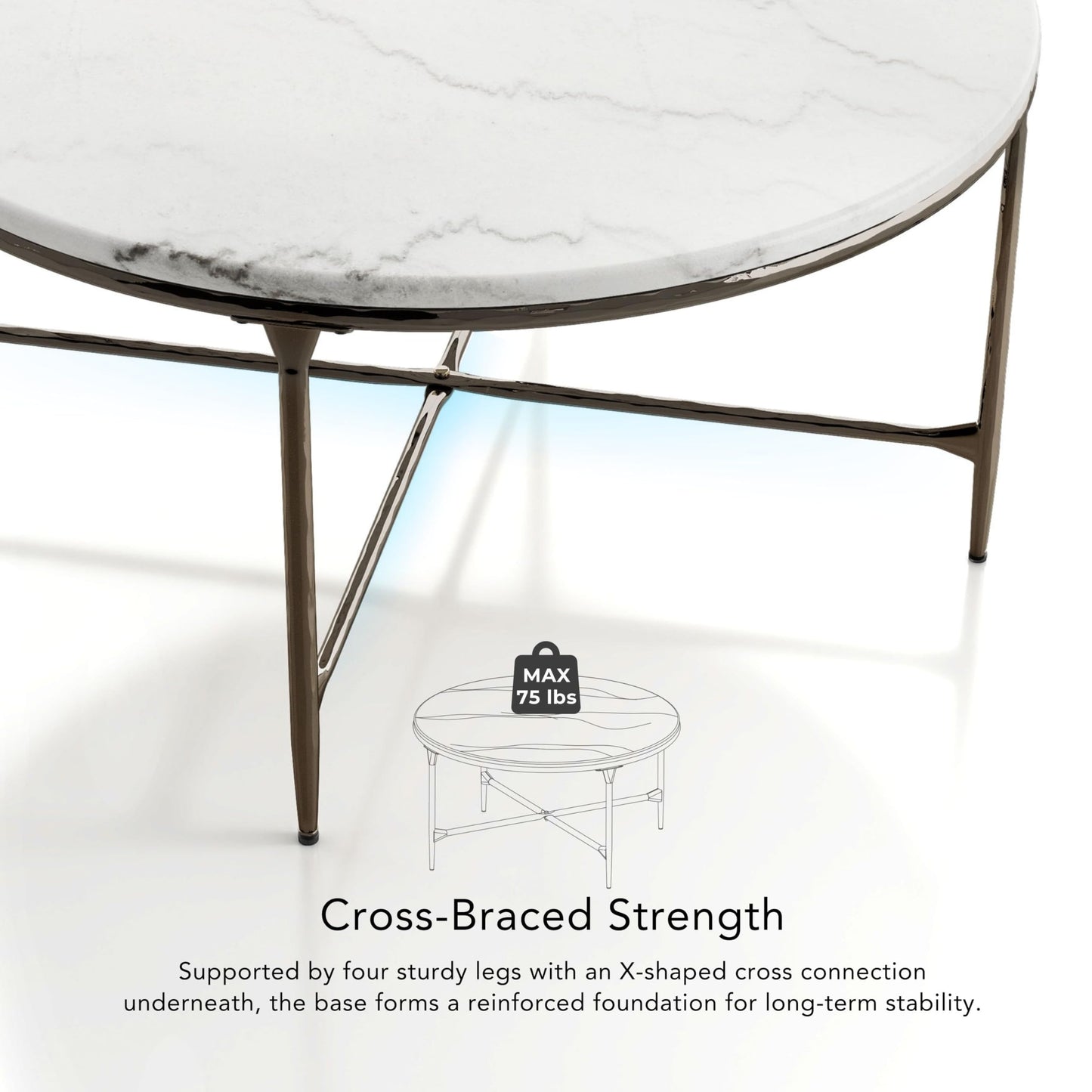 24/7 Shop at Home Aureum Modern 35-inch Round Marble Top Coffee Table with X-Brace, Hammered Dark Bronze Metal Frame for Living Room, Office, White