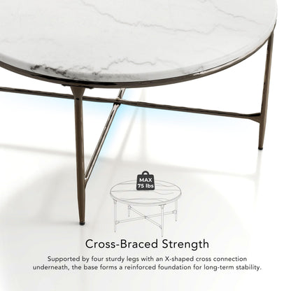 24/7 Shop at Home Aureum Modern 35-inch Round Marble Top Coffee Table with X-Brace, Hammered Dark Bronze Metal Frame for Living Room, Office, White