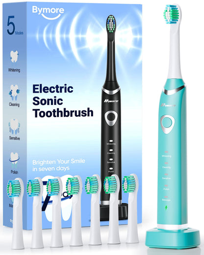 Bymore Electric Toothbrush for Adults,Travel Sonic Toothbrush with 8 Replacement Heads, Ultra Clean Rechargeable Toothbrush Portable One Charge for 330days 5 Modes 2mins Timer-Black