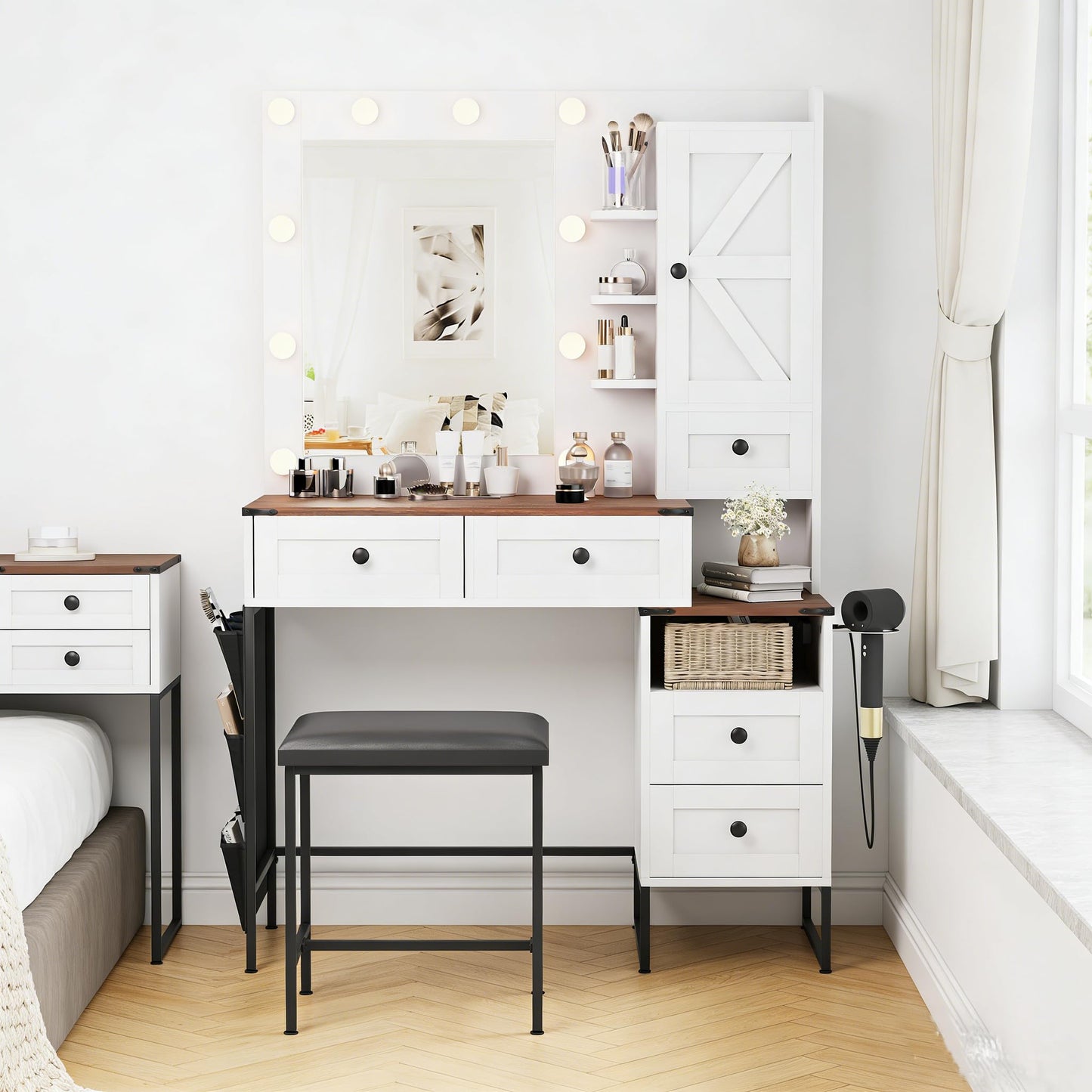 NUNU LAB Large Vanity Desk with Mirror and Lights with 5 Drawers, Women Makeup Table with Power Outlet, 3-Color Adjustable Lighting for Bedroom Brown (006 White & Brown, 39.37 * 17.75 * 58.27in)