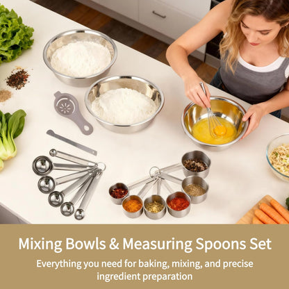 17 PCS Stainless Steel Mixing Bowls Set, Includes 3 Sizes Containers, 12 Measuring Tools, 10 in Whisk, Plastic Egg Separator, Essential Kitchen Utensil Set for Cooking, Baking, Meal Prep