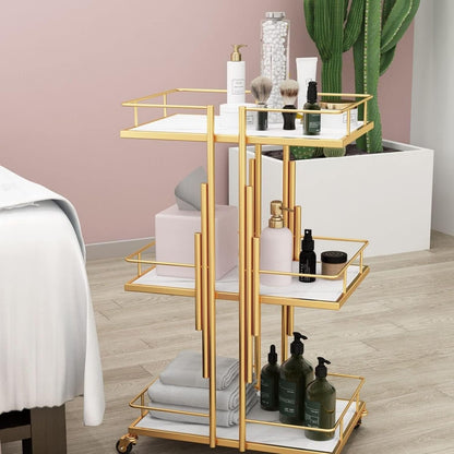 POCHY Bar Carts 3-Tier Utility Carts Metal Frame Serving Cart Imitation Marble Rolling Cart with Wheels Drink Cart Storage Cart