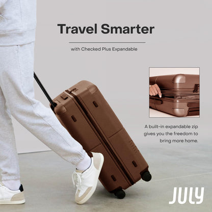 July Checked Plus Expandable - 28.75" Airline Approved Check In Luggage with Wheels, Rolling Suitcase for Men & Women - TSA Lock, Silent Spinner Wheels, Expansion Zip, Y-Strap - Dark Brown