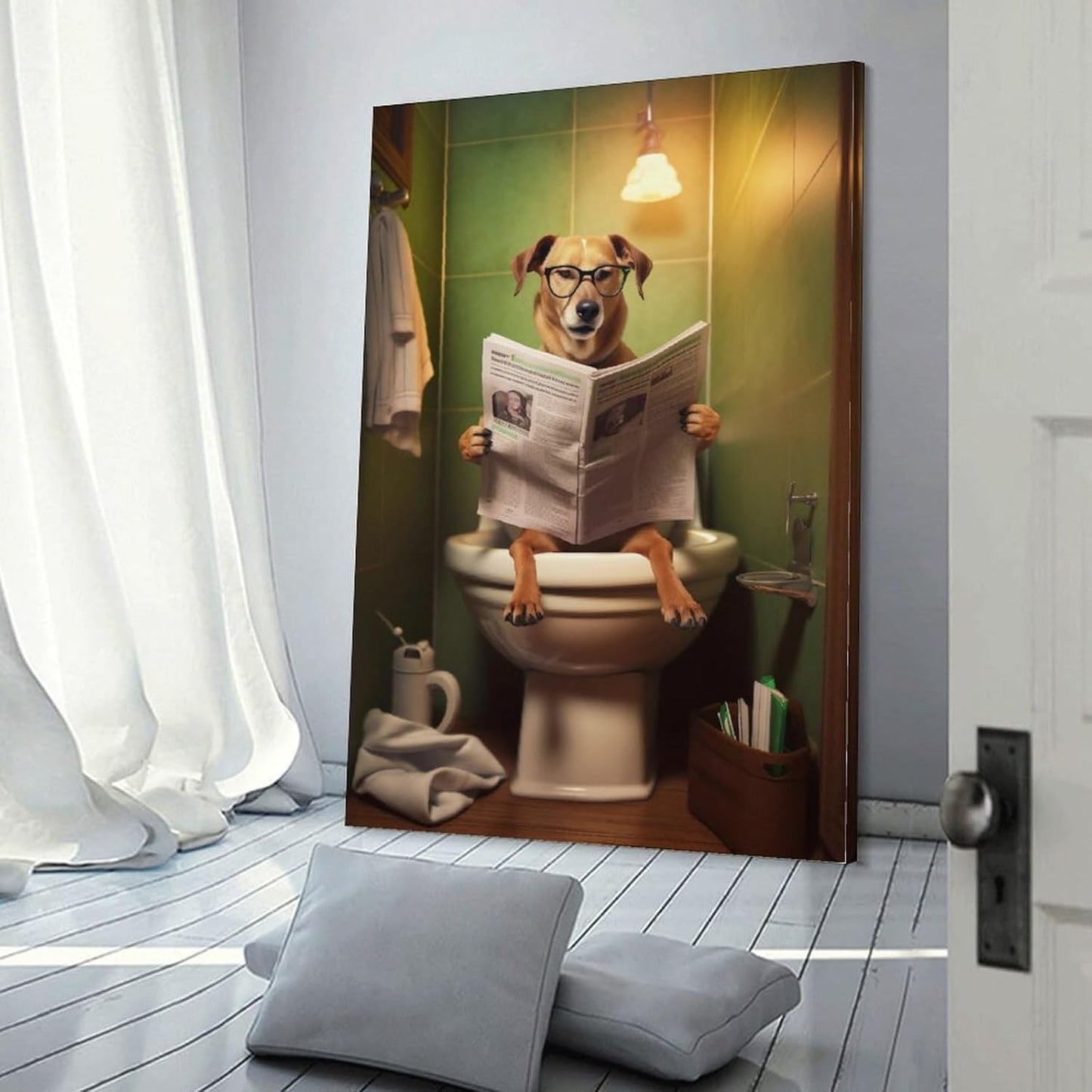 FireDeer Funny Bathroom Canvas Wall Art - Dog Reading Newspaper on Toilet Poster Humor Painting for Farmhouse Decor