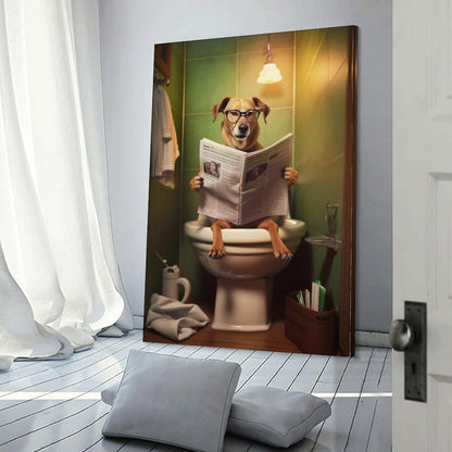 FireDeer Funny Bathroom Canvas Wall Art - Dog Reading Newspaper on Toilet Poster Humor Painting for Farmhouse Decor