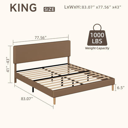 Mxhtcewz King Bed Frame with Adjustable Headboard, Faux Leather Upholstered Platform Bed Frame, No Box Spring Needed, Noise-Free, Easy Assembly, Brown