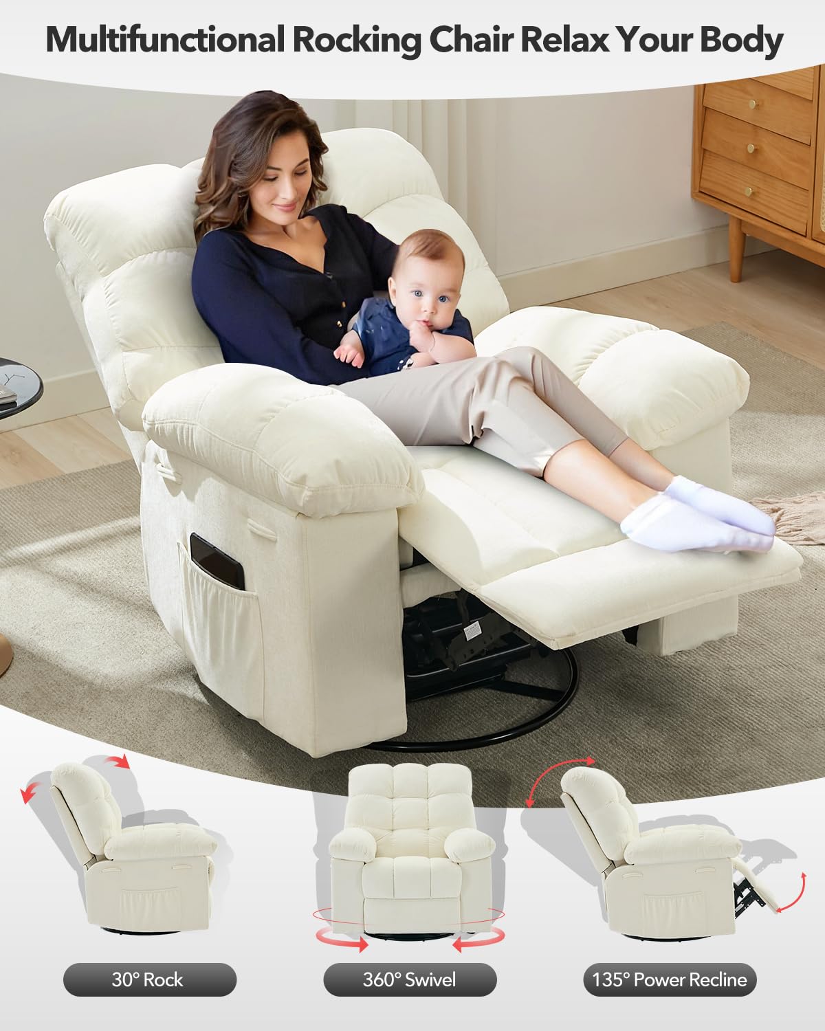 Garvee Rocking Recliner Chair, 360° Swivel Rocker Chair for Living Room, Upholstered Fabric Glider Nursery Chair with Side Pockets for Small Spaces, q235 Steel Frame Lazy Boy Recliner Single Sofa