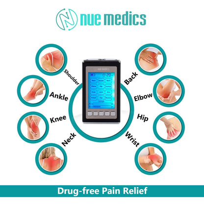 NueMedics Tens 12-Mode TENS & EMS Rechargeable Muscle Stimulator – Dual-Channel Portable Pain Relief Massager with Reusable Pads, Timer & LCD Display