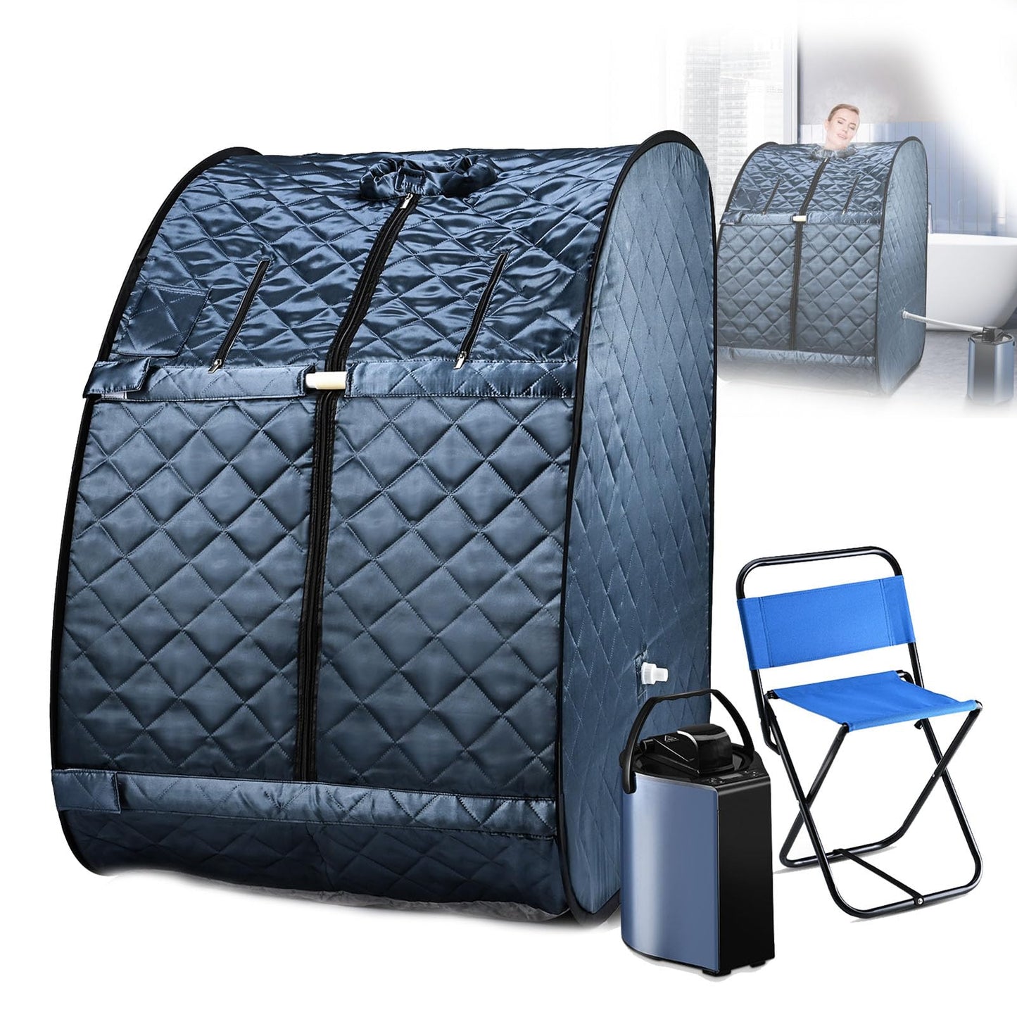 MFYDPP Portable Steam Sauna Tent, Folding Personal Full Body Spa Home Sauna,with 1000W 3L Sauna Steamer, Remote Control, Folding Chair
