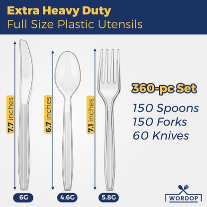 360 Count Extra Heavy Duty Plastic Silverware Set – Heat Resistant & BPA Free Disposable Silverware Cutlery 150 Forks, 150 Spoons, 60 Knives – Clear Premium Plastic Utensils for Parties & Events