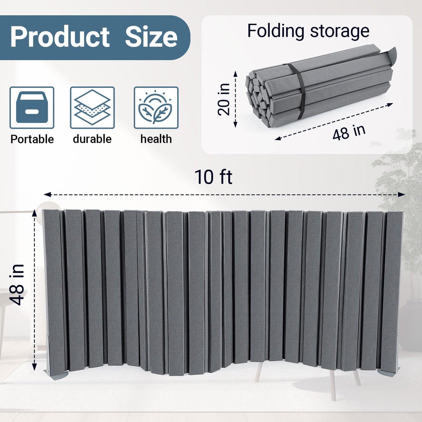 AmazingSpark 1 Pcs 48" X 10' Soundproof Room Divider Panel, Foldable Acoustic Partition Wall with Stand and Straps, Freestanding Privacy Screen for Office Study Bedroom Studio Library(Grey)