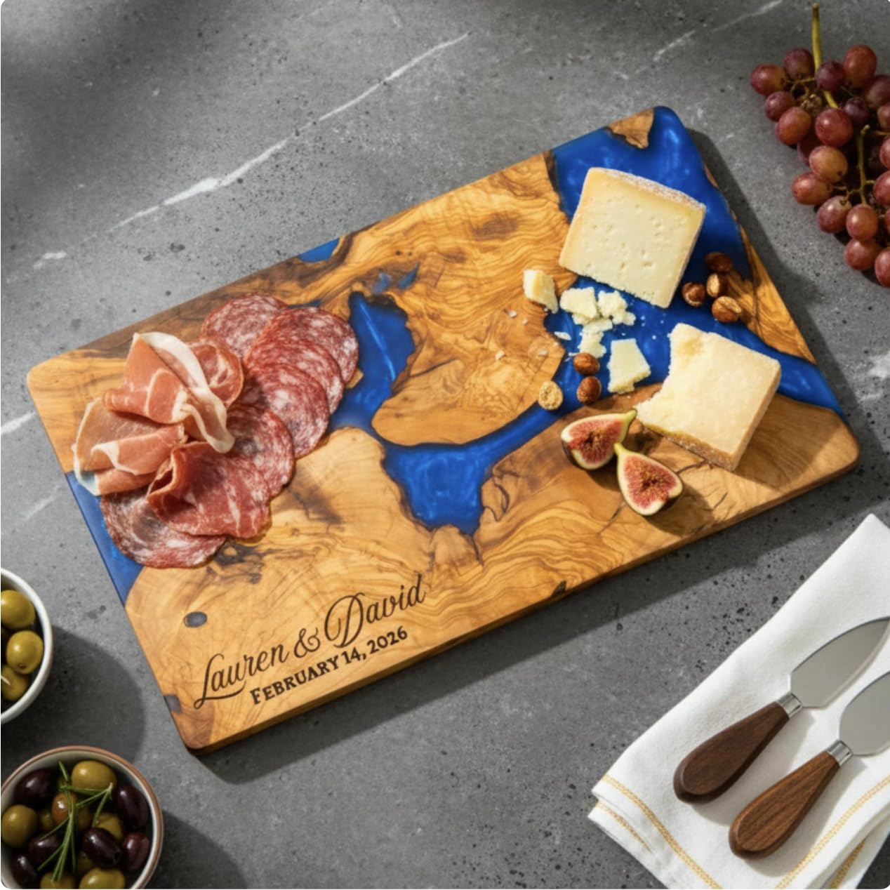 Custom Resin Charcuterie Board Personalized – Epoxy Olive Wood Cutting Board, Wedding or Holiday Gift