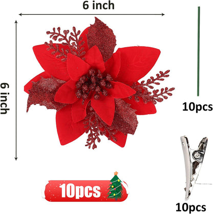 RECUTMS 10 PCS Red Glitter Poinsettia Flowers, Artificial Christmas Decorations for Tree, Wreath, New Year Ornaments