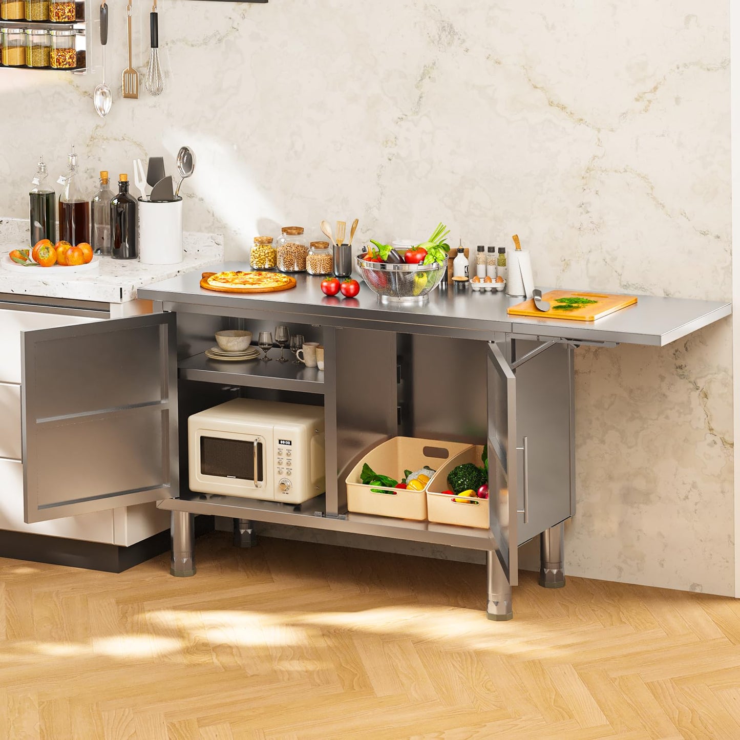 JFHID Stainless Steel Work Table, 57"x19.7" Commercial Worktable Kitchen Cabinets with Extend Panel & Adjustable Shelf, Heavy-Duty Kitchen Prep Table Workbench for Home, Restaurant, Garage and Hotel