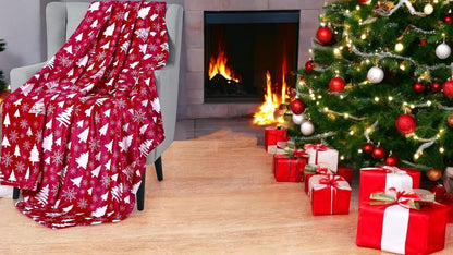 Winter Christmas Holiday Fleece Throw Blanket: Velvety Soft Forest Tree and Snowflake Design, Accent for Couch Bed