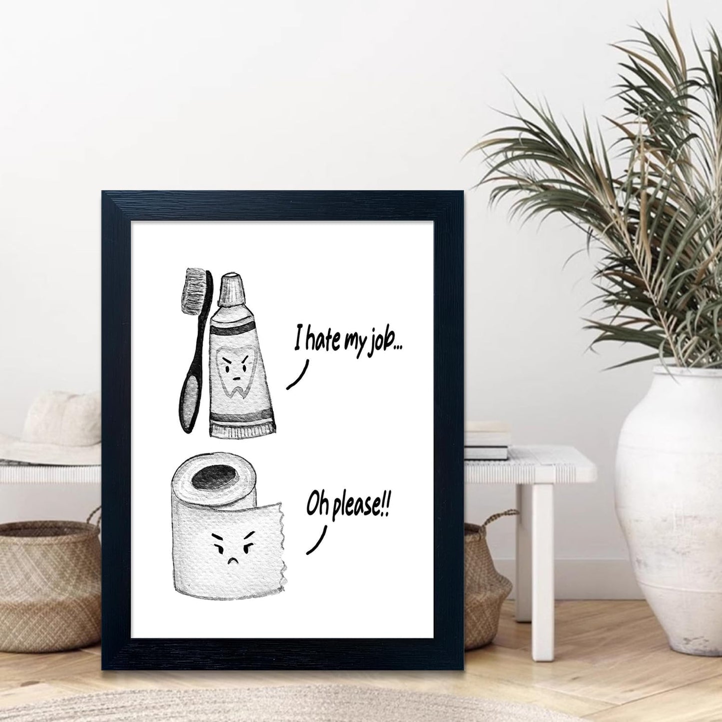 Skiennix Kids Bathroom Decor - Cute Children's Wall Art Canvas Print | Funny Framed Black and White Artwork