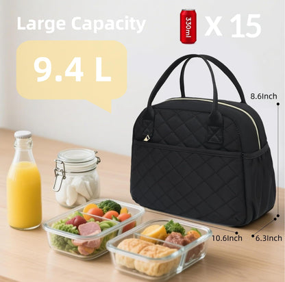CAMTOP Lunch Box for Women Insulated Lunch Bag Lunchbox Cooler Thermal Leakproof Quilted Reusable Lunch Tote Bag for Work School Travel Picnic (Black)