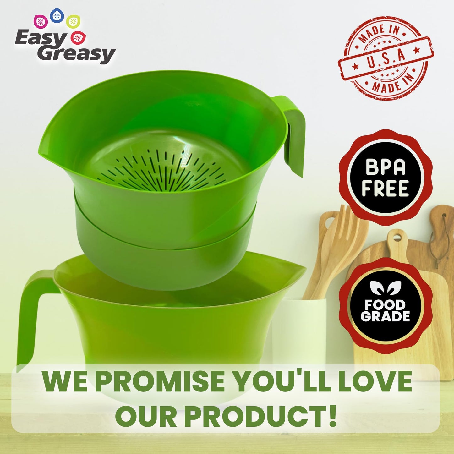 Easy Greasy 3-Piece Colander Grease Strainer Set – Green Grease Separator with Handle, Container & Lid – Strains Bacon, Pasta, Ground Beef – BPA-Free Kitchen Gadget
