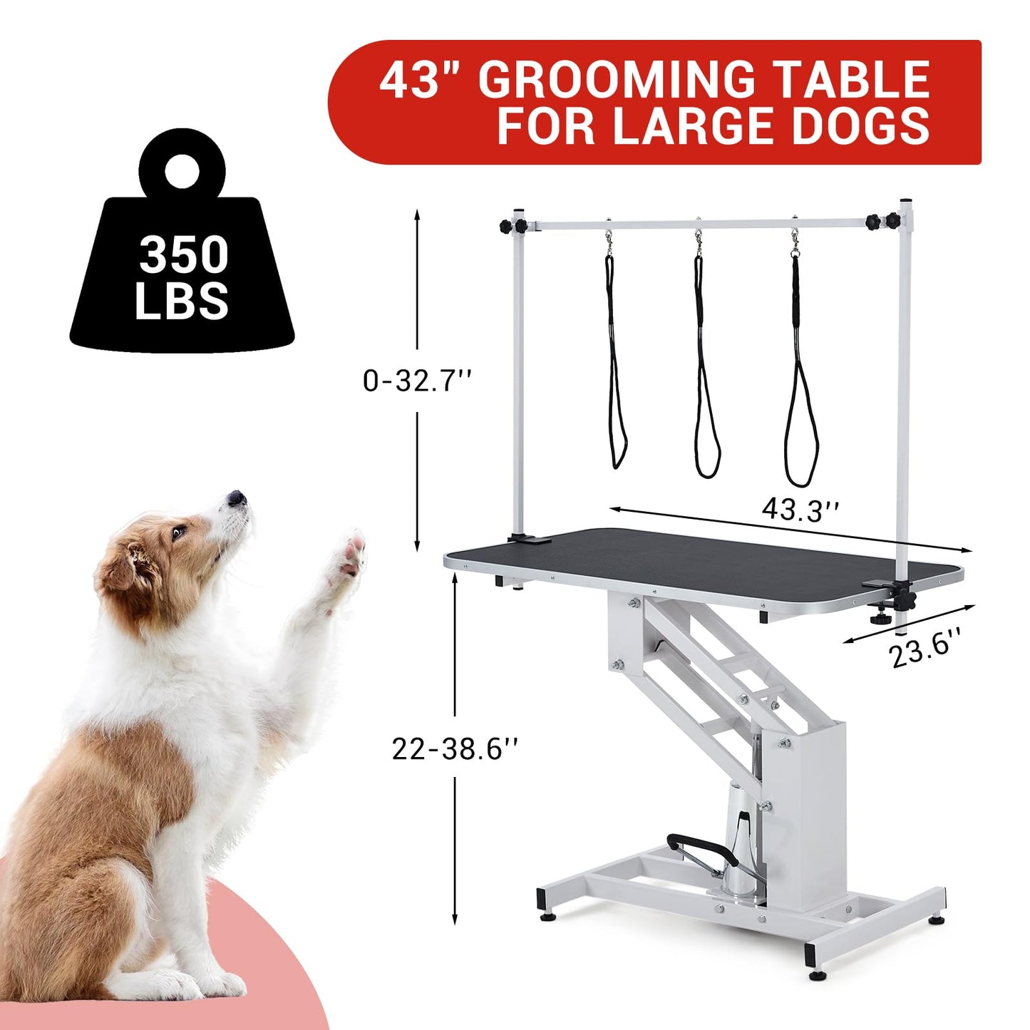 MegaChoice 43.3" Professional Hydraulic Dog Grooming Table, Adjustable Height 22"-39", Max Load 350Lbs, Large Pet Grooming Table for Medium & Large Dogs