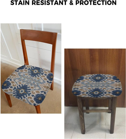 Boho Blue Brown Seat Covers for Dining Room Chairs, Stretch Cushion Protector for Kitchen Set of 2