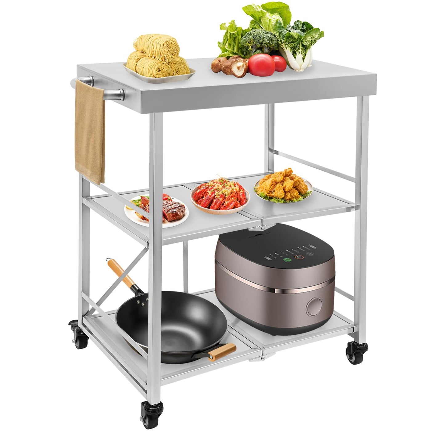 DHccPOLve 3 Tier Stainless Steel Kitchen Trolley Cart Foldable Utility Serving Storage Rolling Car Shelf (25.75 * 20 * 36inch Silver)