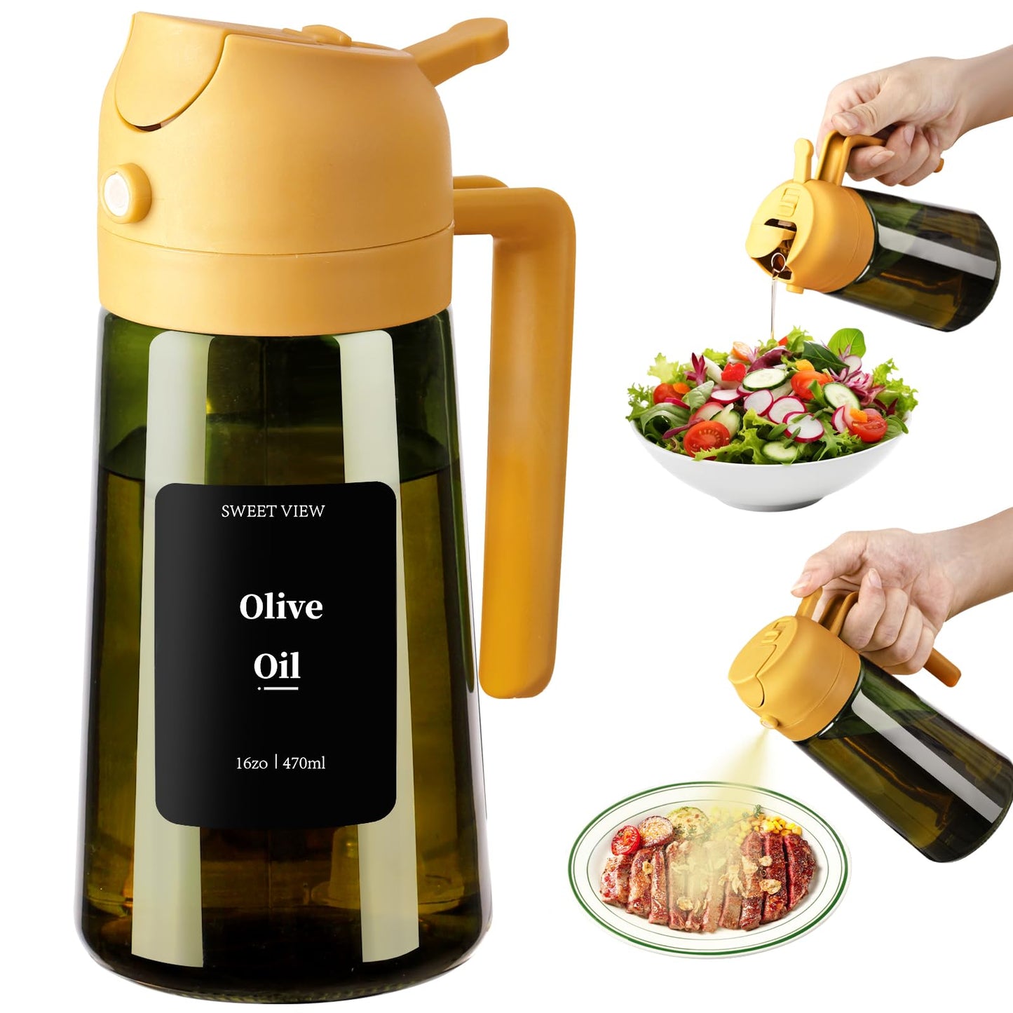 Olive Oil Dispenser and Oil Sprayer – 16oz/470ml Glass Light-Proof Oil Pourer for Kitchen, Air Fryer, Cooking, Salad, and BBQ