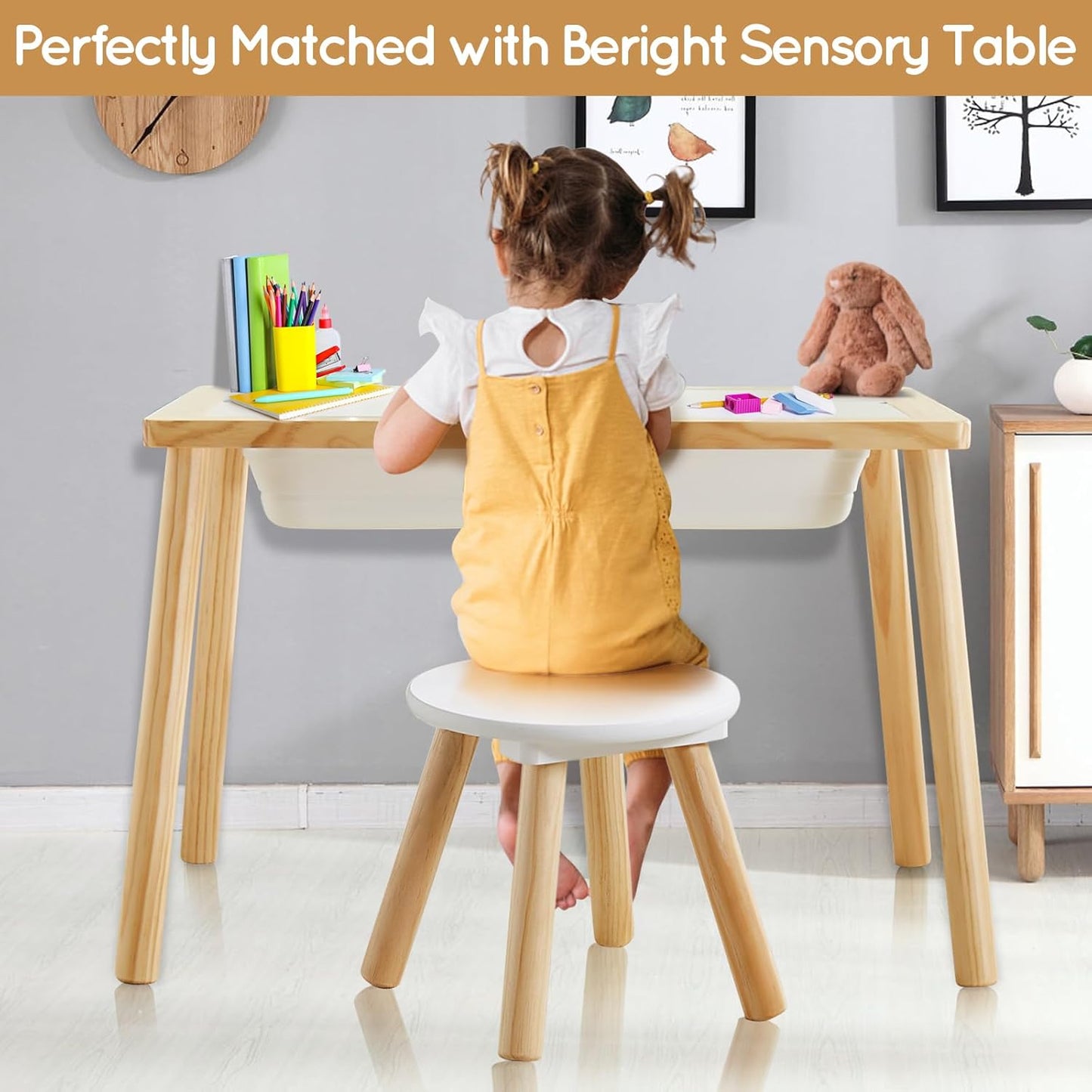 9 Inch 2 pack Beright Wooden Step Stool for Kids, Children's Stool Perfect Matched Sensory Table, Sturdy Sitting Stool