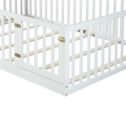 KEIKI Full Floor Bed with 21.5" Safety Guardrails & Door, Kids Floor Bed Frame with 6 Slats, Solid Wood Montessori Bed for Toddler Bedroom, White
