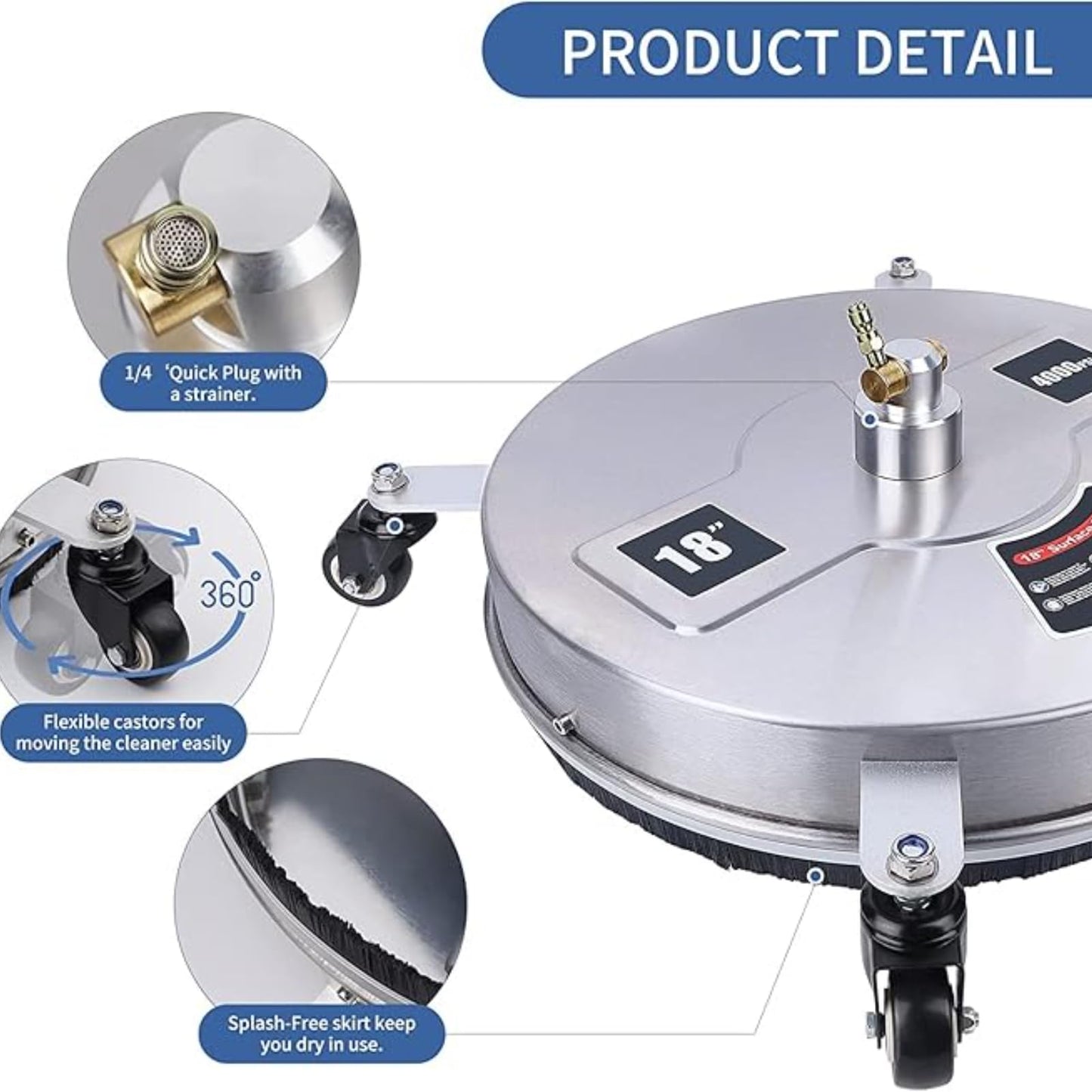TRELVEX 16.5" Pressure Washer Surface Cleaner with 4 Wheels, Stainless Steel Housing & 1/4" Quick Connector, Power Washer Attachment with 2 ExWands, 2 Replacement Nozzles, 4000 PSI
