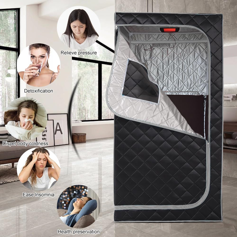 Smartmak Portable Infrared Sauna Box with 660nm Red Light Therapy Lamp for Home, Personal Indoor Full Body Dry Sauna Spa Tent, Relax Saunas with 6 Heaters, Heated Foot Pad, Remote, Chair, Greyborder
