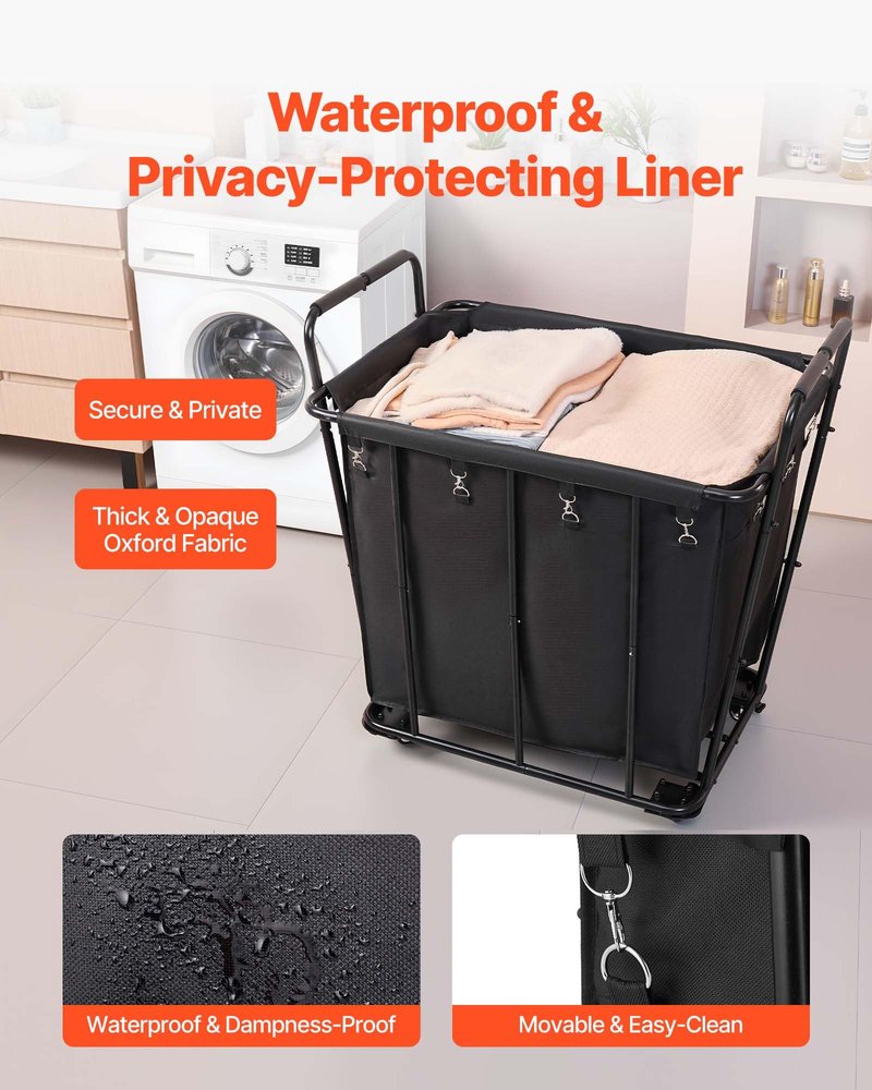 VEVOR Laundry Cart, Rolling Grocery Utility Cart with Waterproof Liner & Swivel Wheels, 260 LBS Large Load Capacity, Heavy Duty Shopping Basket for Laundry, Shopping, Camping, Grocery, Luggage, Black