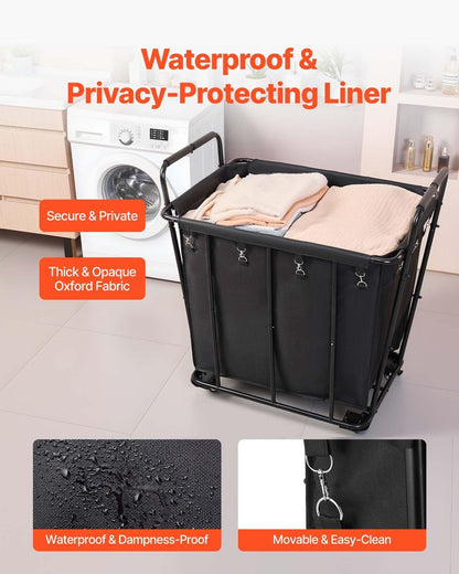 VEVOR Laundry Cart, Rolling Grocery Utility Cart with Waterproof Liner & Swivel Wheels, 260 LBS Large Load Capacity, Heavy Duty Shopping Basket for Laundry, Shopping, Camping, Grocery, Luggage, Black