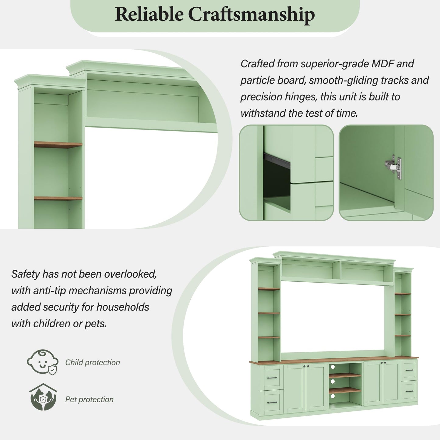 Ball & Cast 94.8" Entertainment Center Wall Unit with Bookshelf for TVs Up to 70",Farmhouse Large TV Stand with Walnut Adjustable Shelves,Retro Media Console with 4 Drawers for Living Room,Mint Green