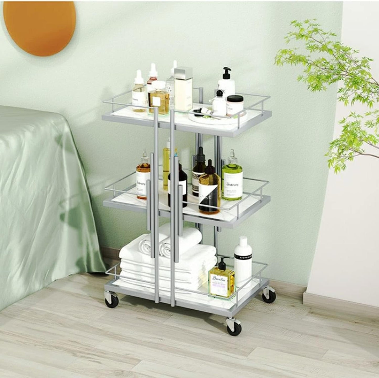 POCHY Bar Carts 3-Tier Utility Carts Metal Frame Serving Cart Imitation Marble Rolling Cart with Wheels Drink Cart Storage Cart