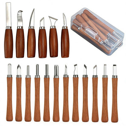 Wood Carving Kit, 18Pcs Professional Whittling Tools with 6 Wood Carving Knives 12 Detail Knives for Beginners Enthusiasts Gift DIY-Natural Wood-18 pcs