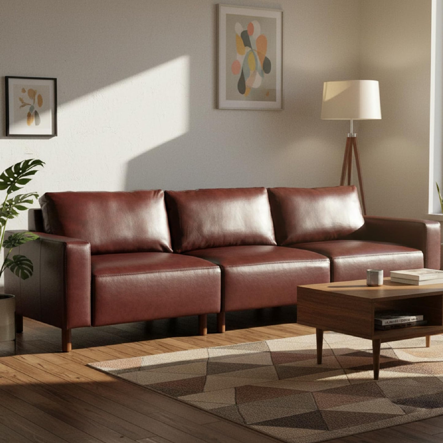 KEIKI 112 Inch PU Leather Sofa, Luxury Cloud Couch Sofa Sleeper Chair, Corner Comfy Upholstered 3-Seater Cloud Couch, Big Accent Deep Seating for Office Apartment Living Room, Easy Assembly, Burgundy