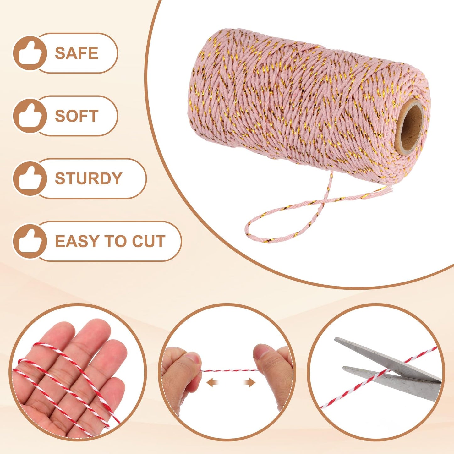 PATIKIL 2mm x 109 Yard Cotton Butcher Twine, 2 Roll Cotton Bakers Twine String Rope Cord for Gift Wrapping Arts Crafts Party Decorations Gardening, Golden Pink