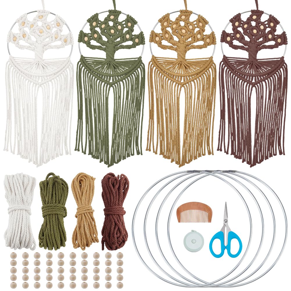 FREEBLOSS 4 Set Tree of Life Macrame Kit for Beginners DIY Macrame Wall Hanging Kit with Instructions Boho Tapestry Home Decor for Living Room Bedroom