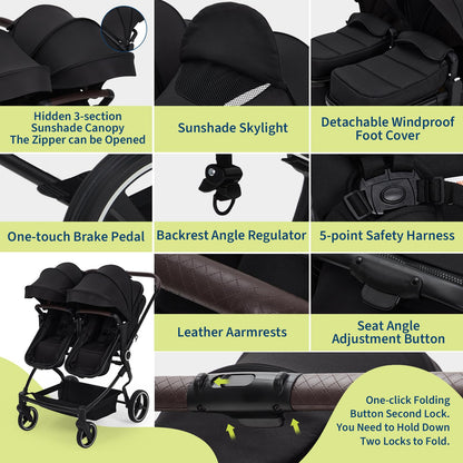 Double Stroller for Twins, Lightweight Side by Side Baby Stroller for Infant & Toddler, High Landscape Double Seat, One-Click Stroller with Adjustable Canopy, Reclining Seats & 5-Point Harness