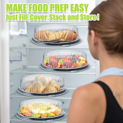 Tessco for you 12 Pack Heavy Duty Repeatedly Plastic Serving Tray with Lid and 24 Pcs Deli Wax Paper Sheets Sets Large Party Platters with Clear Lids Stackable Round Food Serving Trays (Black,16inch)