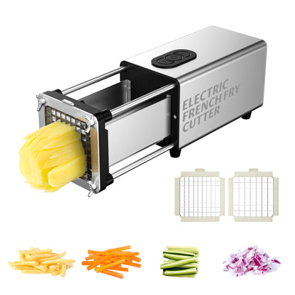 SIXRARI Electric French Fry Cutter, 1/2 & 3/8 Inch Interchangeable Stainless Steel Blades Automatic Potato Cutter, Commercial & Household Potato Slicer, Use for Potatoes Onion Cucumbers