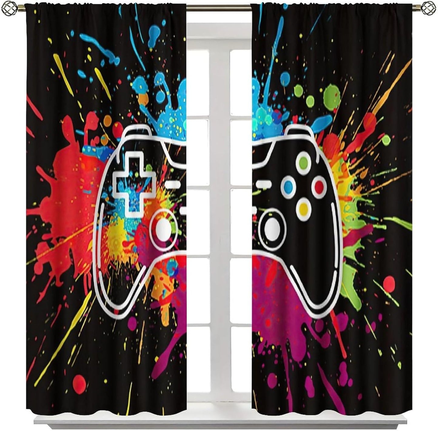 Gamer Curtains for Boys Kids Bedroom, Cool Gaming Decor, Neon Gamepad Teens Curtains for Bedroom Window Treatment Set