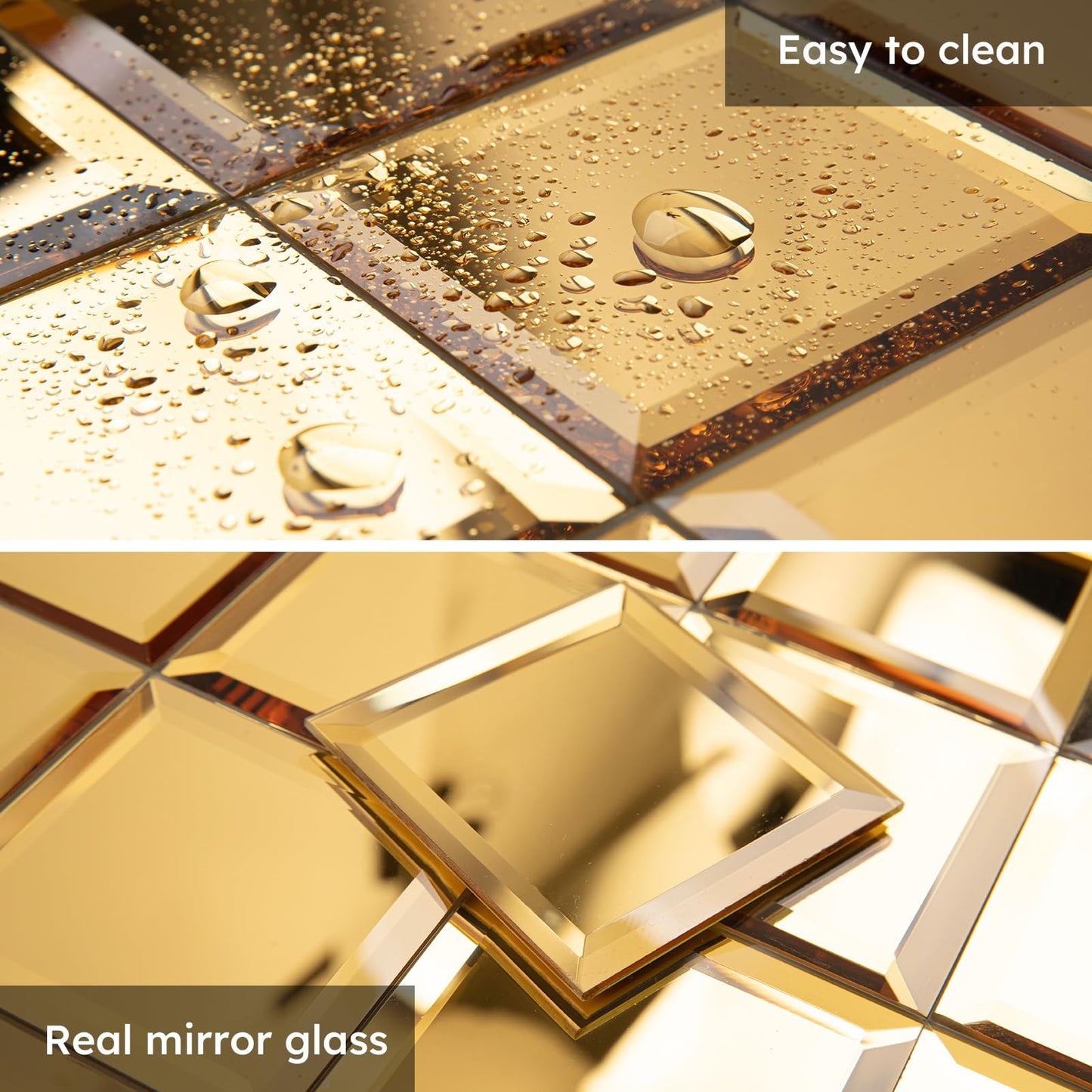 Diflart Peel and Stick Mirror Backsplash, Gold, 3x3 Inch, Beveled Mirror Square Kitchen Bar Wall Tile (2 Sq.ft, 32 Pcs)